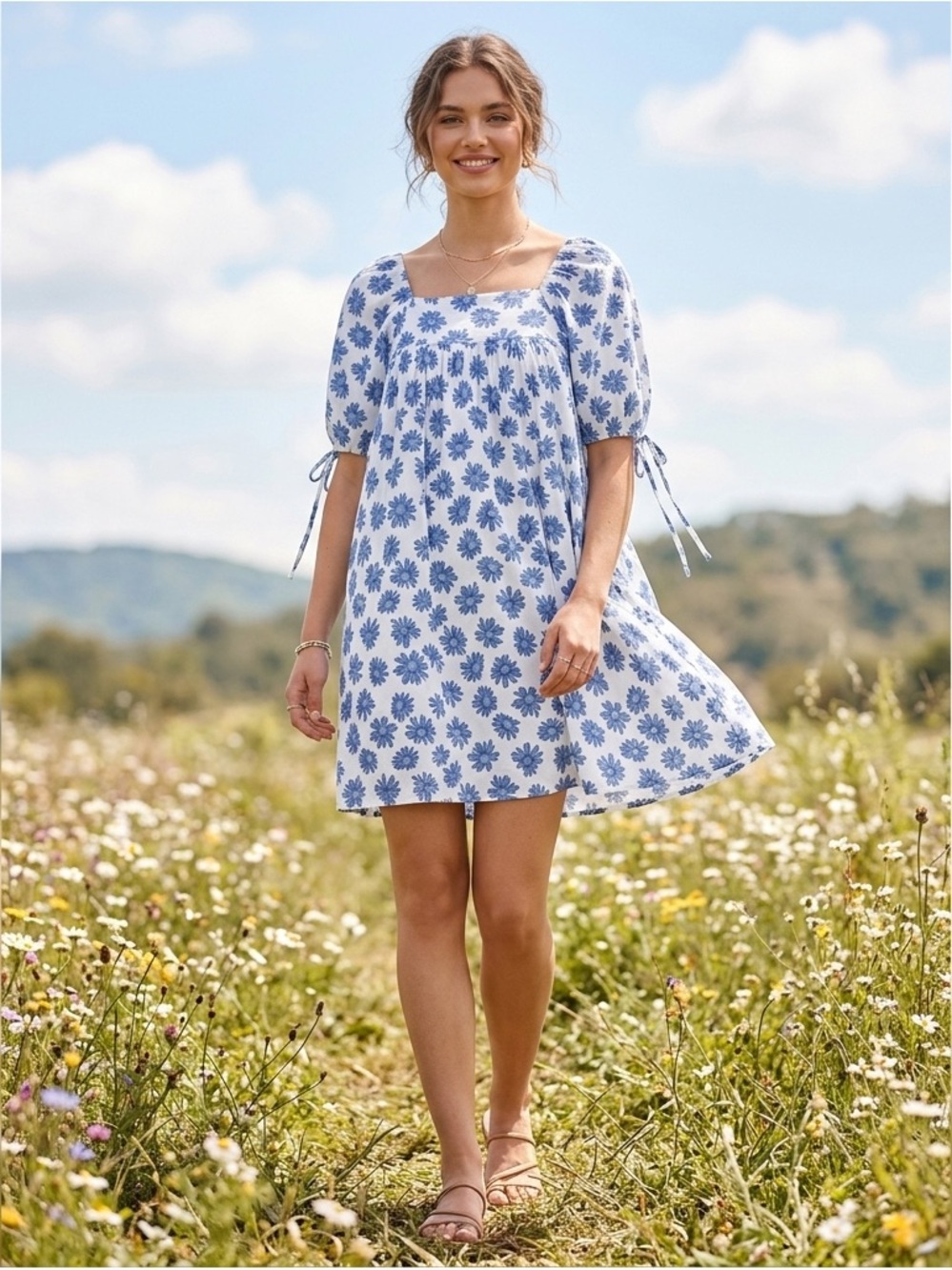 Hayden White and Blue Daisy Floral Dress with Pockets and Puff Sleeves -Girls L